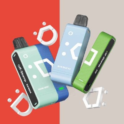 Off-Stamp SW9000 disposable vape kit with modular charging dock in Miami Mint and Blue Razz Ice flavors, 9000 puffs, LED battery indicator, compact dual-piece design