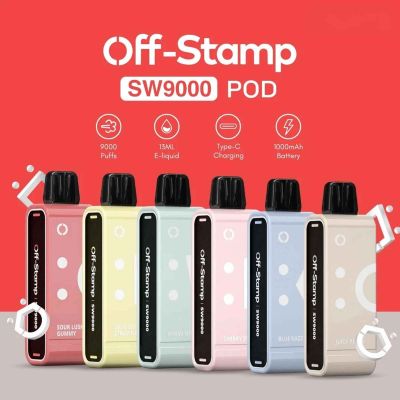 Off-Stamp SW9000 disposable vape pod lineup with multiple flavors, 9000 puffs, 13mL e-liquid, USB-C charging, and modular battery system