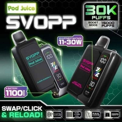 Pod Juice SVOPP 30K disposable vape pod system with adjustable wattage display, 1100mAh battery, dual mesh coil, and up to 30,000 puffs