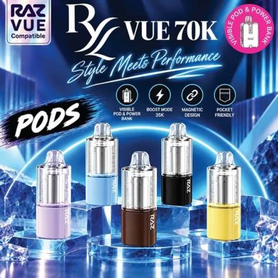 RAZ RYL Vue 70K Replacement Pod, clear prefilled 16mL vape pod with visible e-liquid window