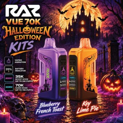 RAZ Vue 70K Halloween Edition Disposable Vape Kit with Halloween artwork power bank and clear prefilled pod