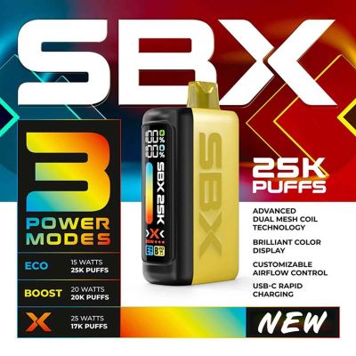 SBX 25K disposable vape with three power modes, dual mesh coil technology, color display, adjustable airflow, and USB-C charging