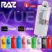 RAZ VUE 50K disposable vape pod with visible e-liquid tank, dual modes, and multiple flavor colors
