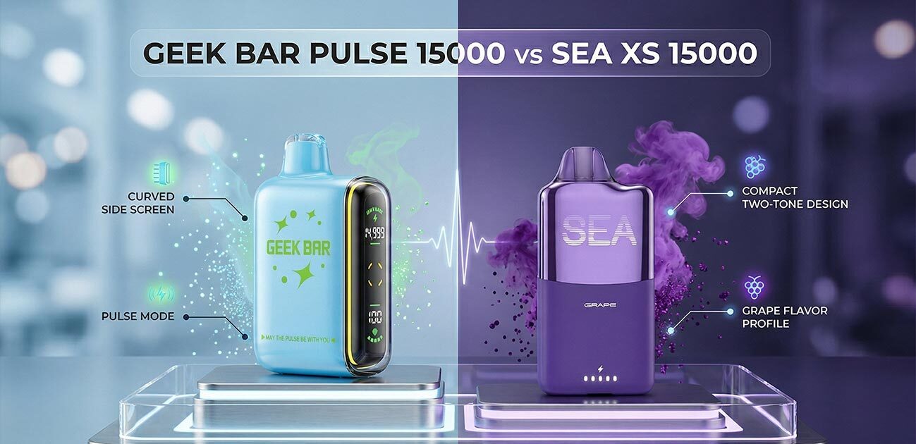 Geek Bar Pulse 15000 vs SEA XS 15000 comparison showing design, display, and flavor features
