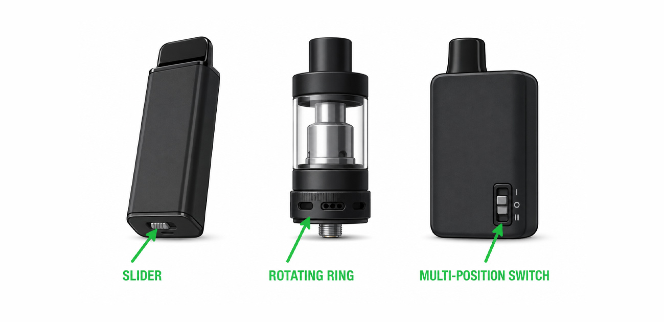 The three types of vape airflow control: a slider, a rotating ring, and a toggle switch