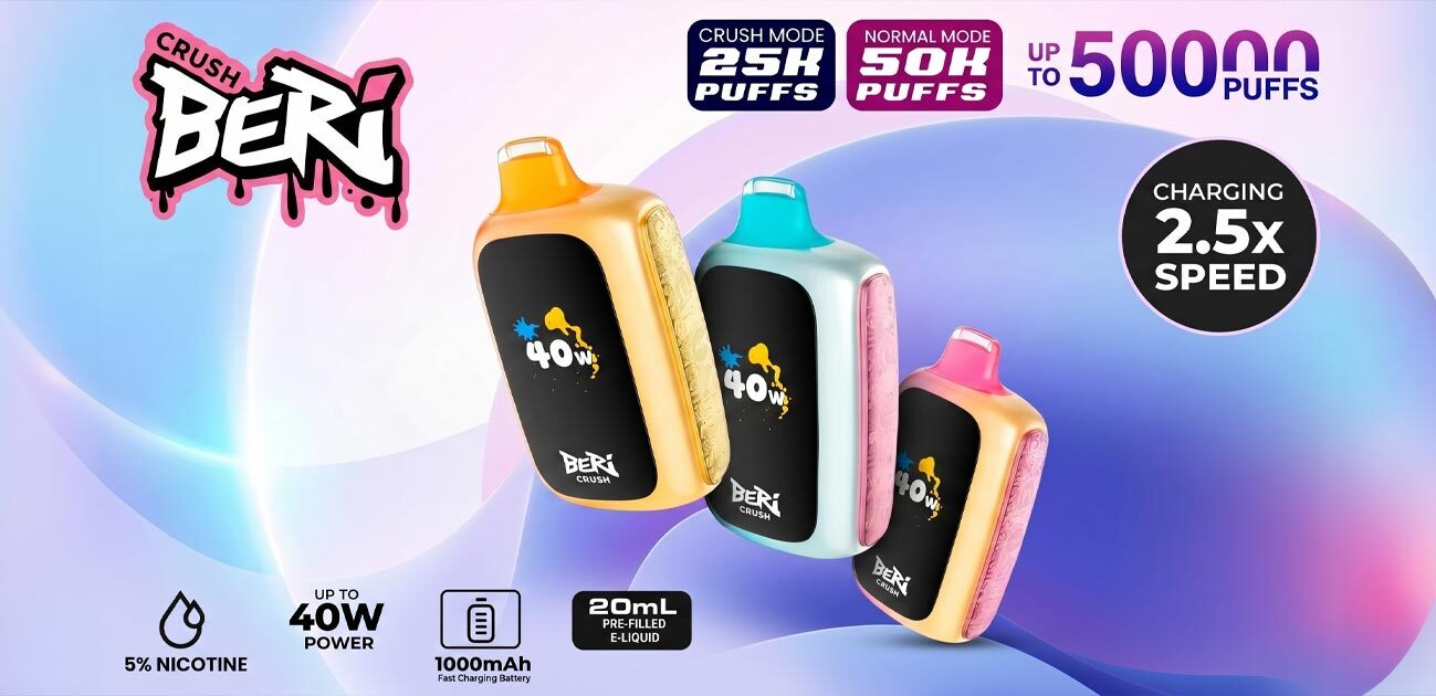 Beri Crush 50K disposable vape devices featuring high-power output, dual puff modes, and colorful flavor editions.
