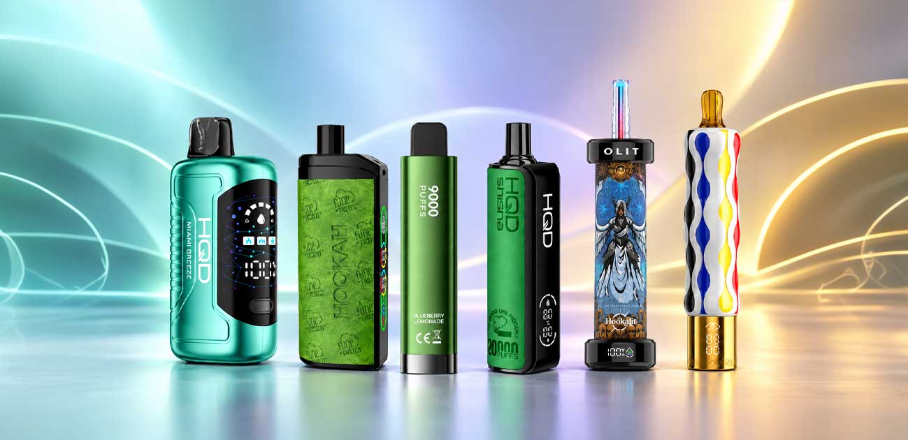 Six 2% and 3% nicotine disposable vapes including HQD, Fume, and Olit models