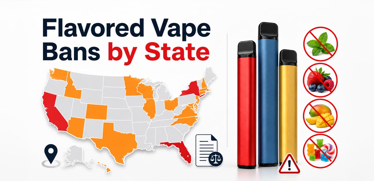 Map showing flavored vape bans by state in 2026 with disposable vapes and states that restrict or prohibit flavored vape sales.