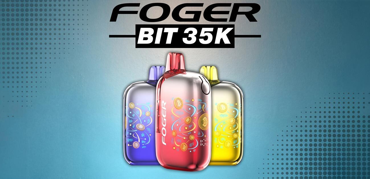 Foger Bit 35K disposable vape devices with transparent shell design, colorful display graphics, and up to 35,000 puffs review banner