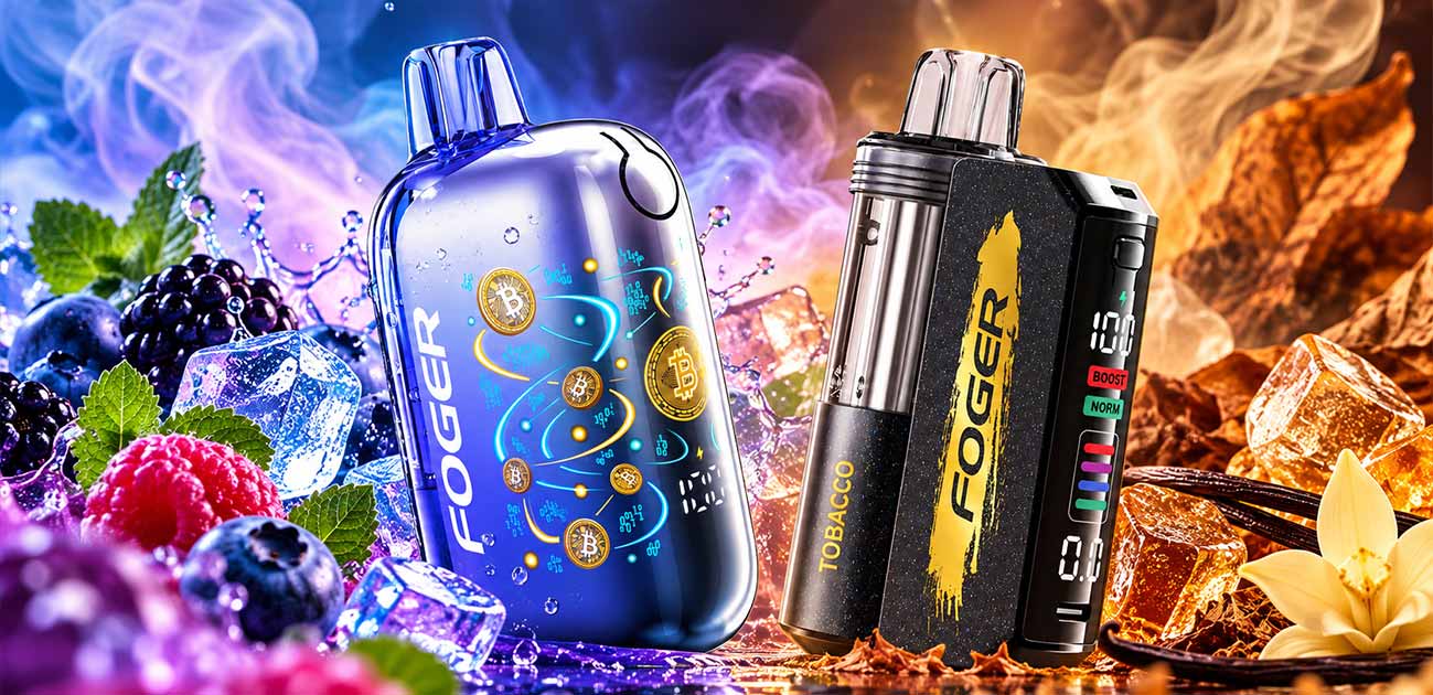 Foger Vape Flavors featuring Foger Bit 35K and Switch Pro 30K devices with fruity, icy, and tobacco-inspired flavor profiles.