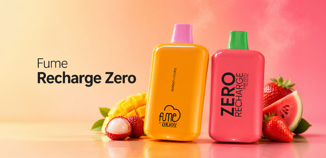 Fume Recharge Zero 5000 zero nicotine disposable vape with its USB-C charging cable and flavor lineup