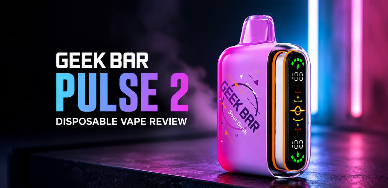Geek Bar Pulse 2 disposable vape in Sour Gush flavor featuring a full-color smart display, dual power modes, and rechargeable design for an in-depth review.