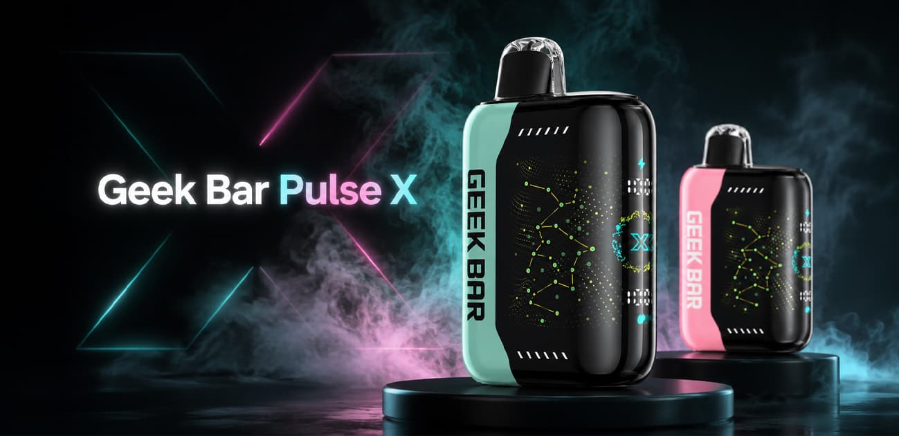 Geek Bar Pulse X review featuring two disposable vape devices with full-screen displays and colorful designs.