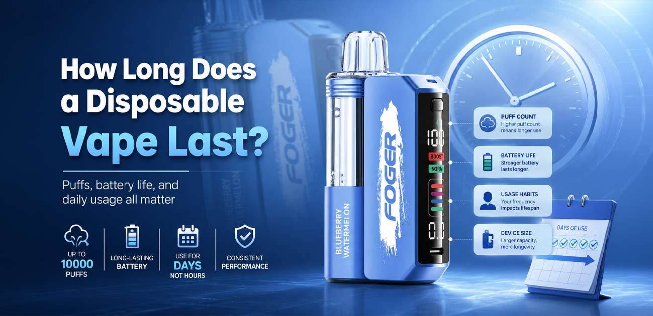 How long does a disposable vape last infographic explaining puff count, battery capacity, and daily usage factors