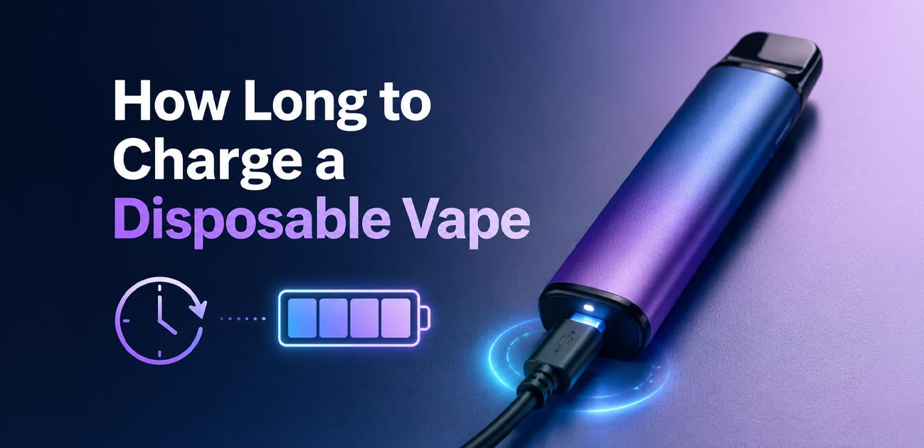How long to charge a disposable vape with USB-C charging cable and battery indicator showing a typical rechargeable vape