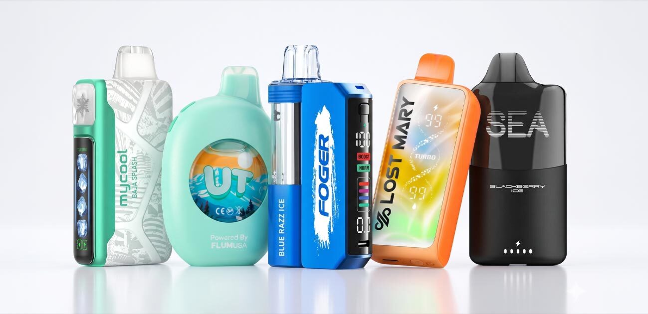 Popular disposable vape devices from leading brands displayed together for price comparison across different styles and puff capacities.