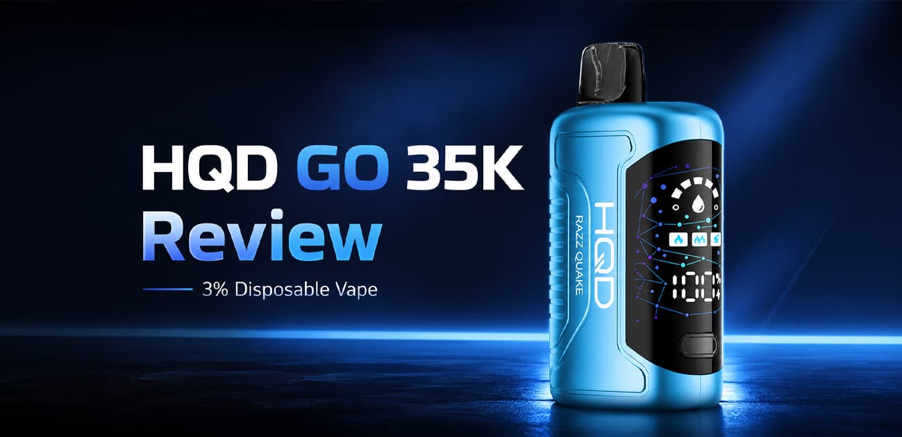 HQD GO 35K 3% disposable vape review featuring the blue Razz Quake device with a smart display showing battery and e-liquid indicators.