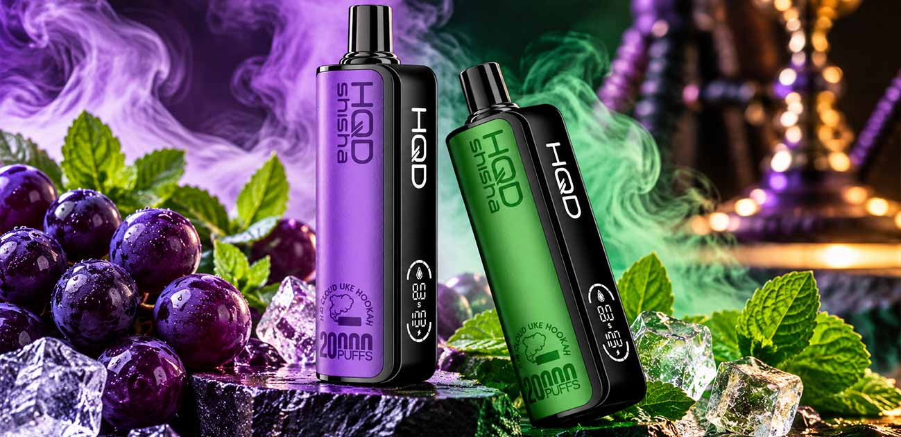 HQD Shisha 20K 3% disposable vape review featuring purple and green devices with 20,000 puffs and hookah-inspired flavors.