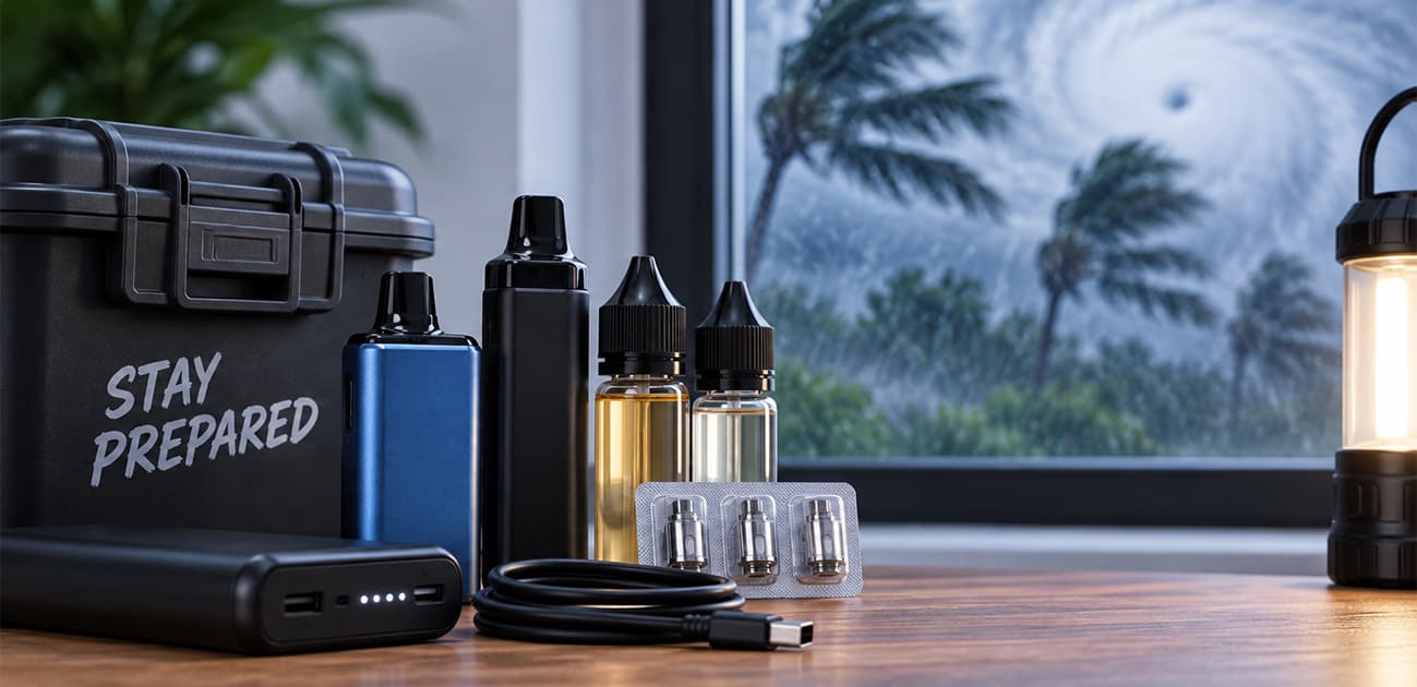 Hurricane season vaping guide with vape supplies, pods, e-liquid, power bank, and charging cable for storm preparation
