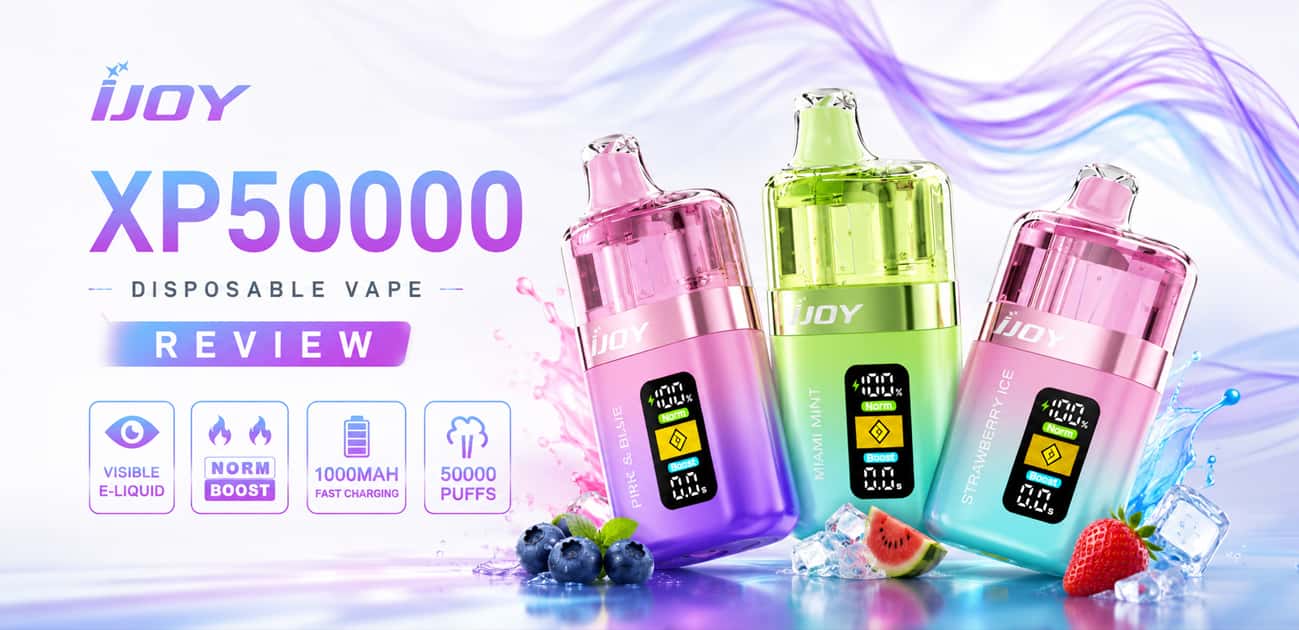 iJoy XP 50000 disposable vape review featuring visible e-liquid, dual modes, 1000mAh battery, and 50,000 puffs