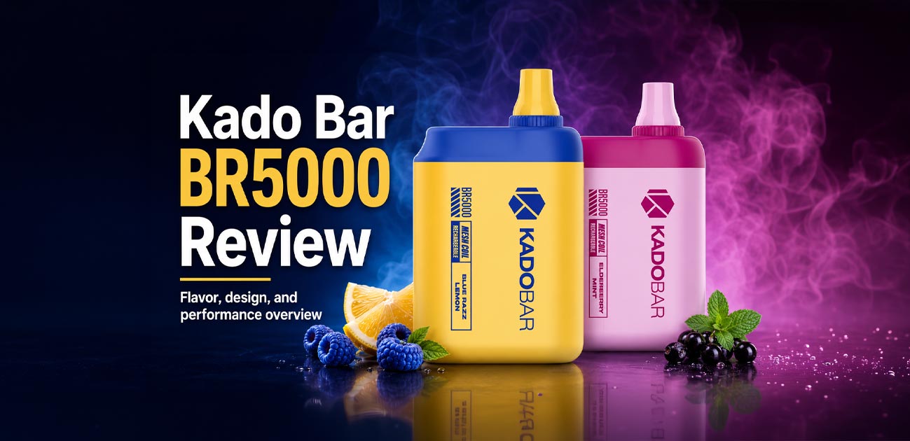 Kado Bar BR5000 review featuring rechargeable disposable vapes with mesh coil technology, 5000 puffs, and multiple fruit flavor options.