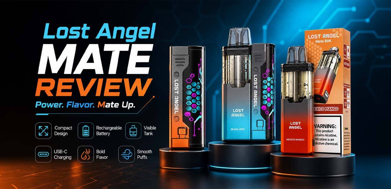 Lost Angel Mate review featuring rechargeable disposable vape devices with visible e-liquid tanks and multiple flavor options