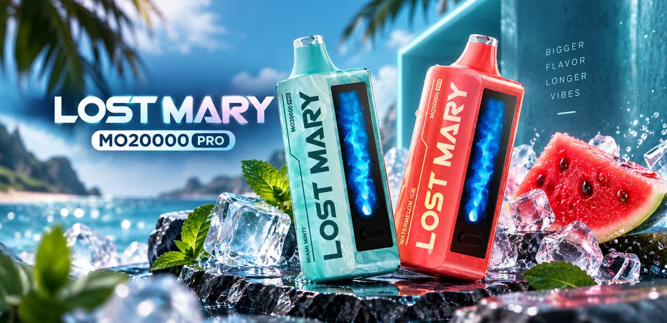 Lost Mary MO20000 Pro review featuring Miami Mint and Watermelon Ice disposable vapes with full-screen displays.