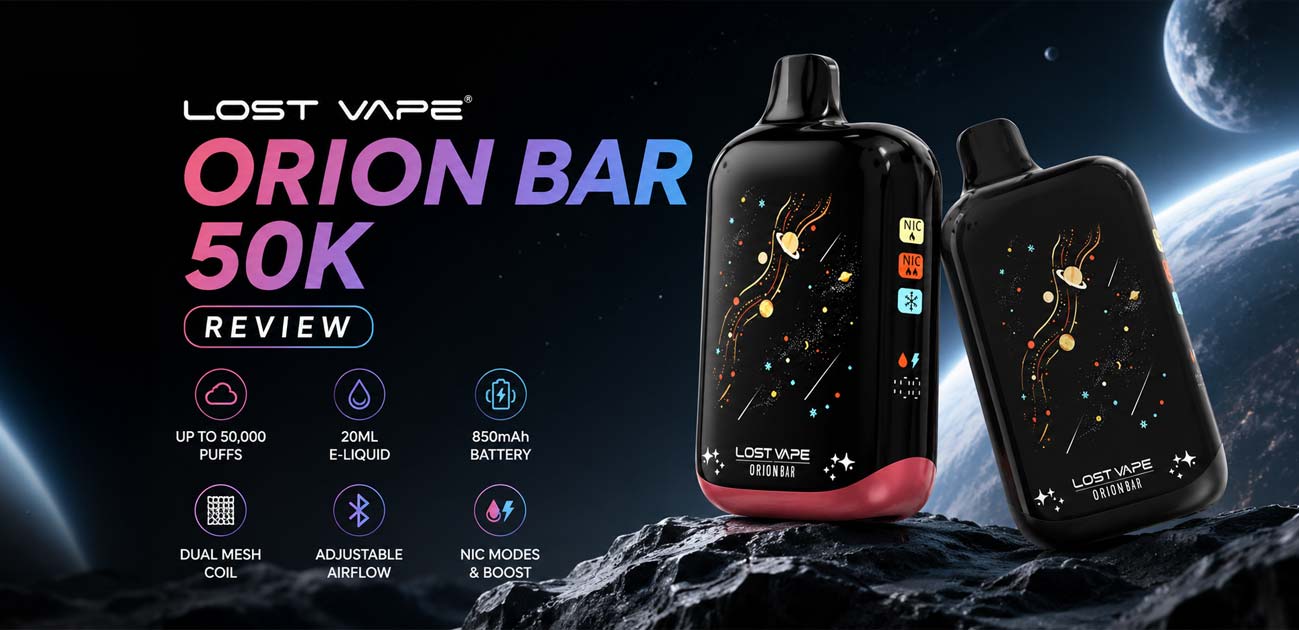 Lost Vape Orion Bar 50K disposable vape showing the 360 Infinite Galaxy Screen lit up around the body