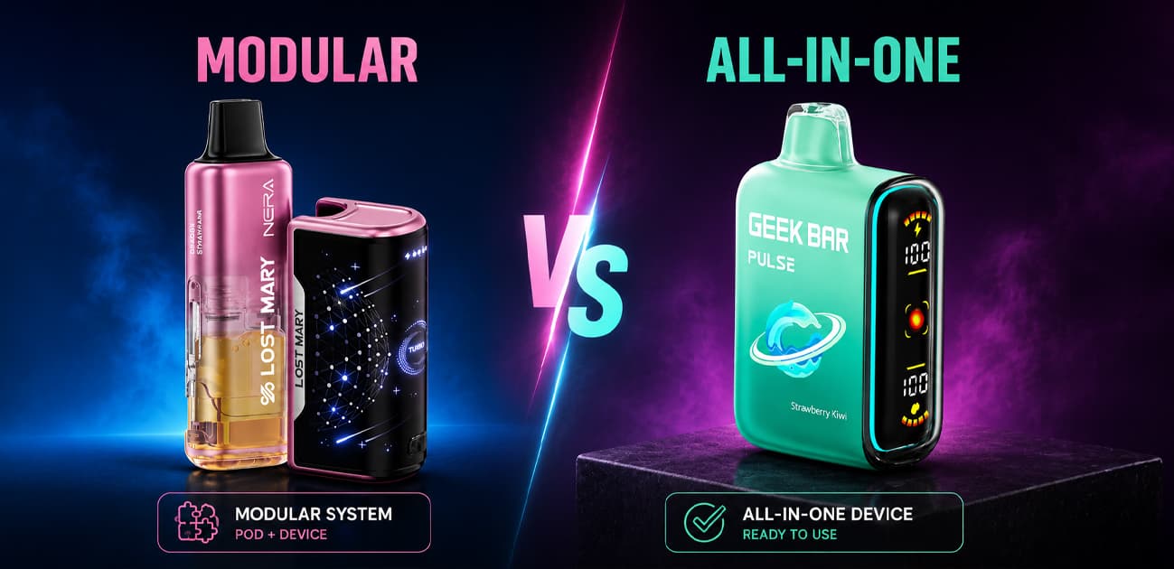 Comparison of modular and all-in-one disposable vapes featuring a Lost Mary modular device and a Geek Bar Pulse all-in-one vape side by side. Google for Developers