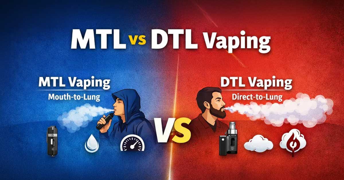 Infographic comparing MTL (Mouth-to-Lung) vs DTL (Direct-to-Lung) vaping styles, illustrating vapor density and device types.