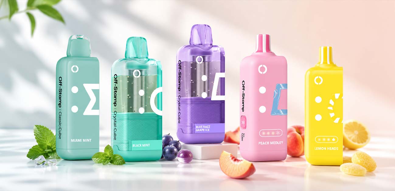 Off-Stamp X-Cube dock with Classic, Sweet and Ice Cube flavor pods showing the best Off-Stamp flavors of 2026
