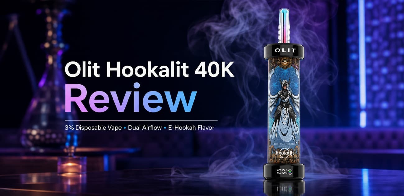 Olit Hookalit 40K 3% disposable vape review featuring a dual airflow e-hookah device with up to 40000 puffs, rechargeable battery, and smart display.