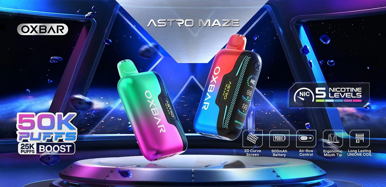 Oxbar Astro Maze 50K disposable vape devices featuring futuristic design, adjustable nicotine levels, airflow control, and 50,000 puff capacity.