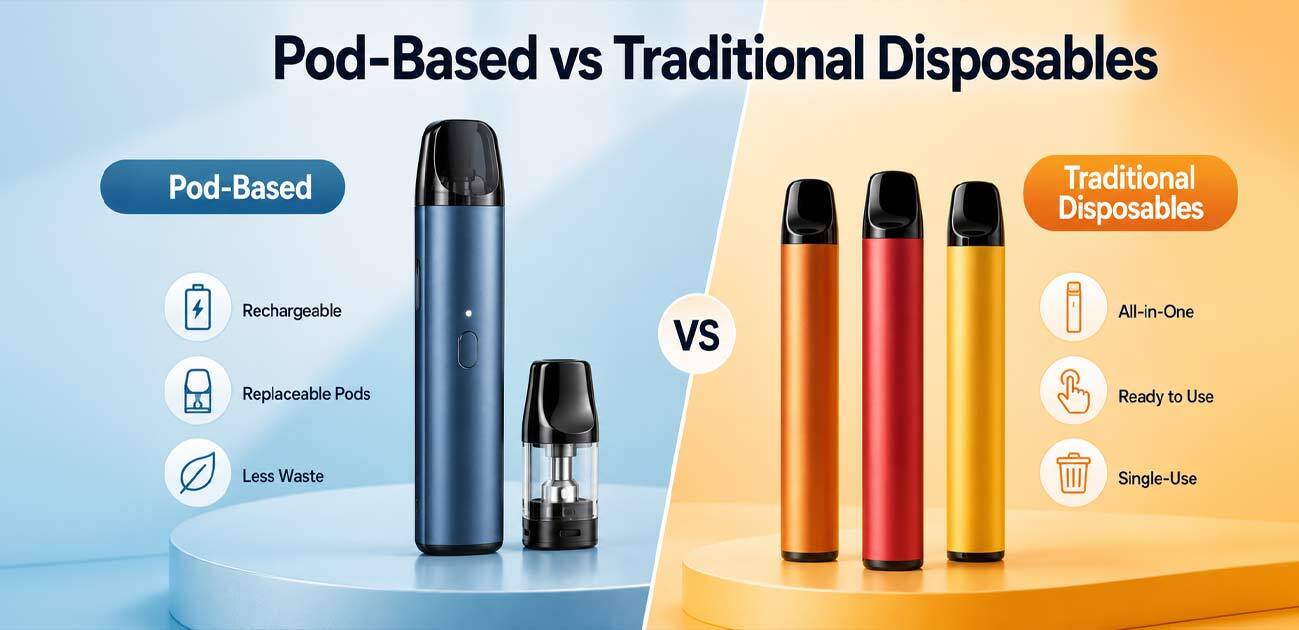 Pod-based vs traditional disposables comparison highlighting rechargeable pod systems and all-in-one disposable vapes