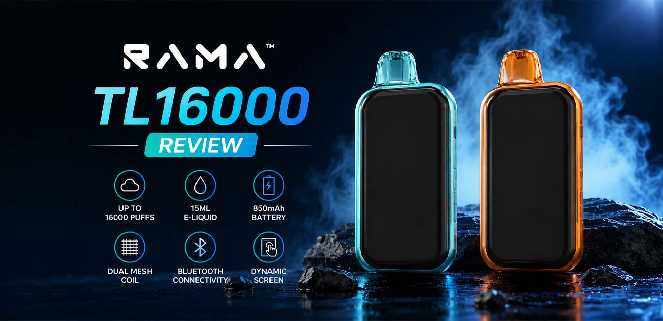 RAMA TL16000 Bluetooth vape paired with a smartphone app showing wattage control and the custom screen