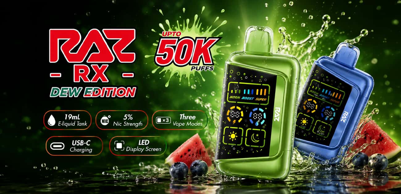 RAZ RX50K Dew Edition disposable vapes with 50K puffs, three vape modes, LED display, and USB-C charging.