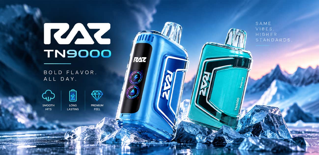 RAZ TN9000 review featuring blue and teal disposable vapes with digital displays in an icy setting.