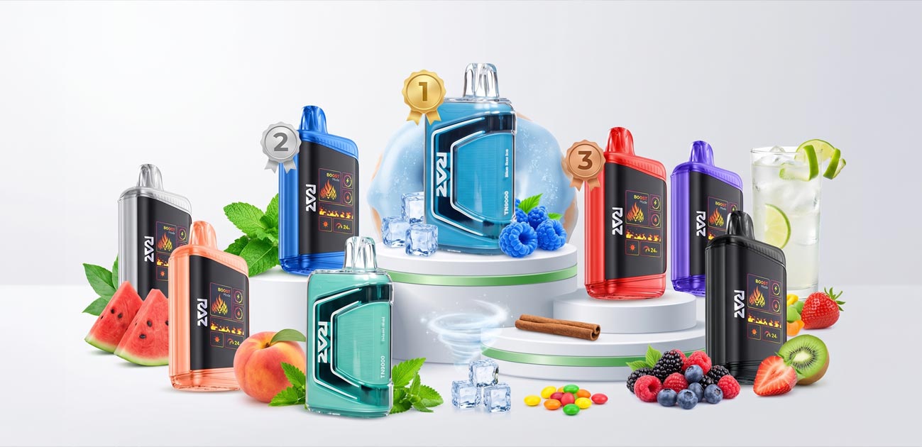 Best RAZ vape flavors ranked with top TN9000 and DC25000 flavor options displayed alongside fruit and ice flavor profiles