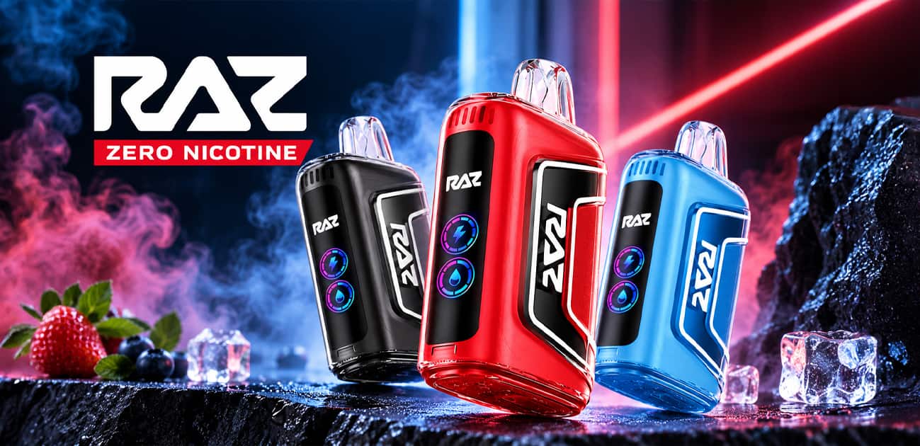 RAZ Zero Nicotine disposable vapes in black, red, and blue with digital displays and a bold neon background.
