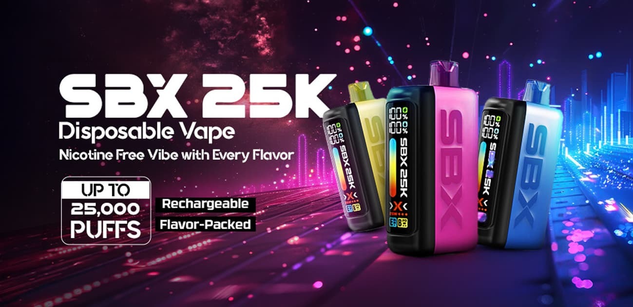 SBX 25K disposable vape lineup with digital display, multiple color variants, rechargeable design, and up to 25,000 puffs