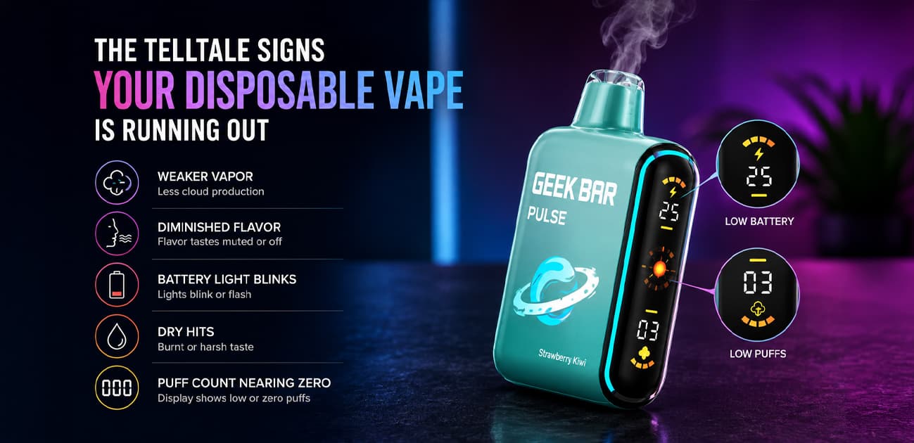 Geek Bar Pulse disposable vape illustrating the common signs a disposable vape is running out, including weaker vapor, low battery, dry hits, and diminished flavor.