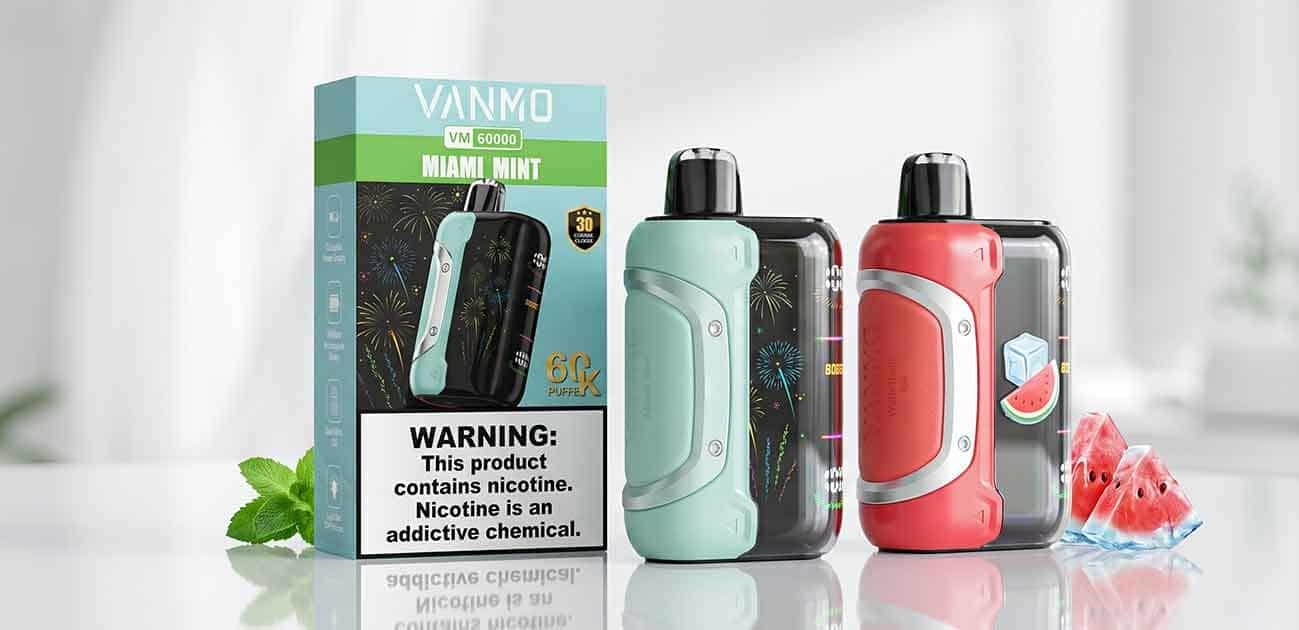 Vanmo VM 60000 disposable vape devices assorted colors with packaging Miami Mint flavor high capacity 60K puffs dual mesh display rechargeable vape device