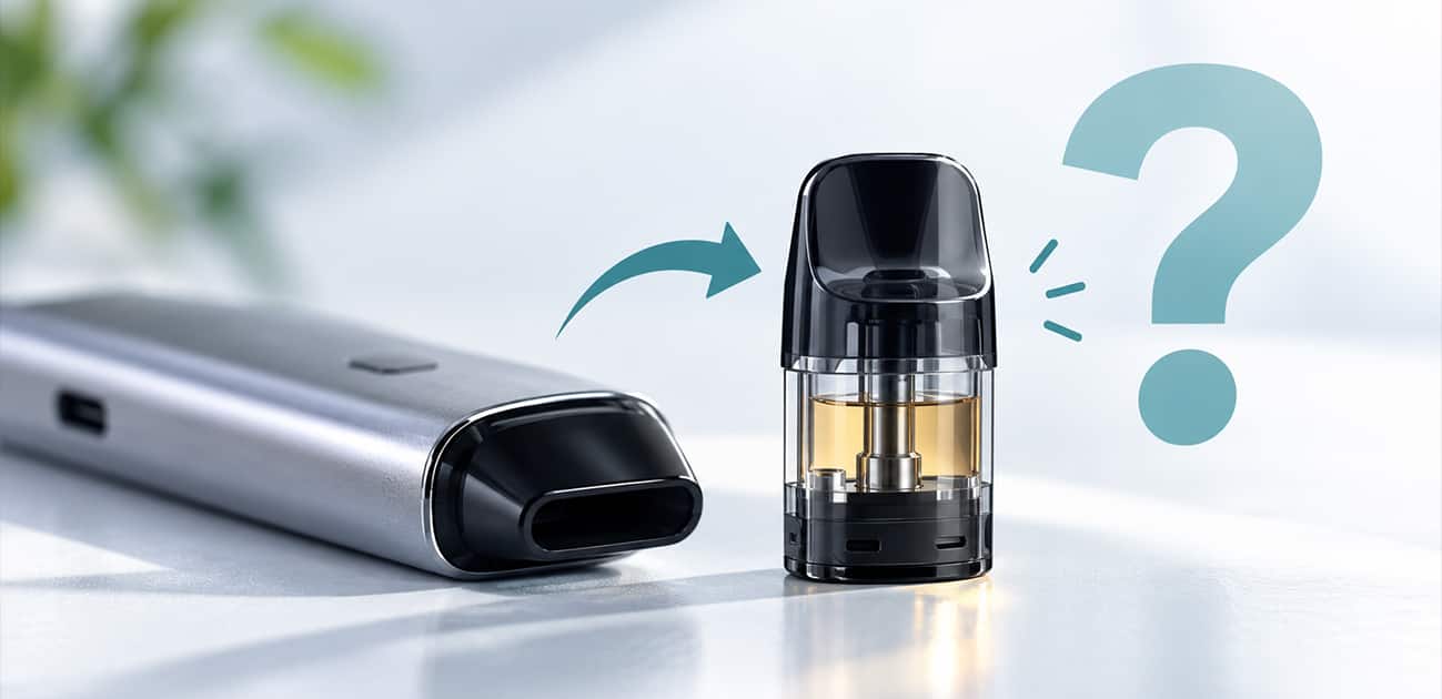 What is a vape pod guide showing a removable vape pod with e-liquid next to a compact vape device.