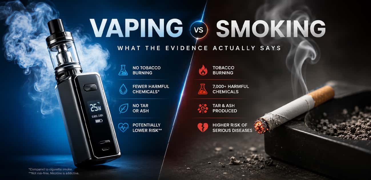 Vaping vs smoking comparison showing differences in tobacco burning, harmful chemicals, tar, ash, and health risks.