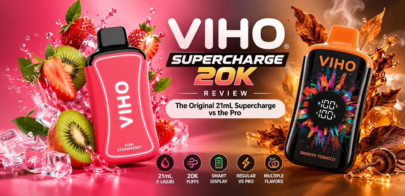 VIHO Supercharge 20K Review comparing the original 21mL disposable vape in Kiwi Strawberry with the Supercharge Pro in Smooth Tobacco.