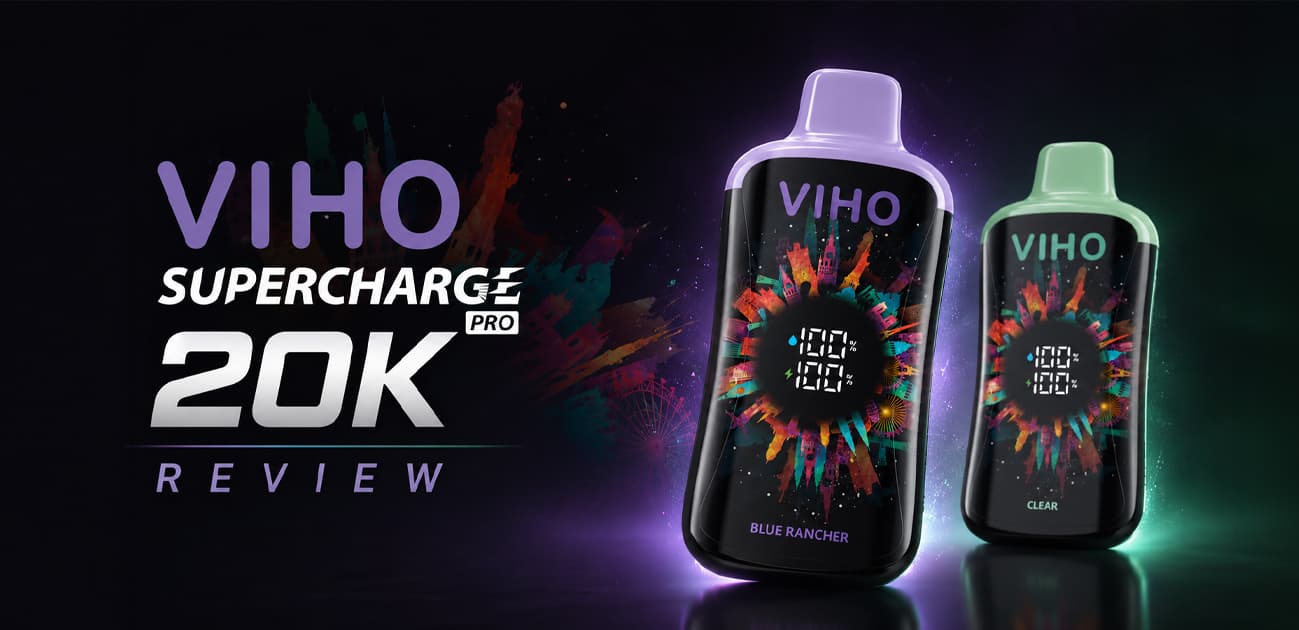 VIHO Supercharge Pro 20K review featuring a rechargeable disposable vape with a digital display, mesh coil, and up to 20000 puffs.