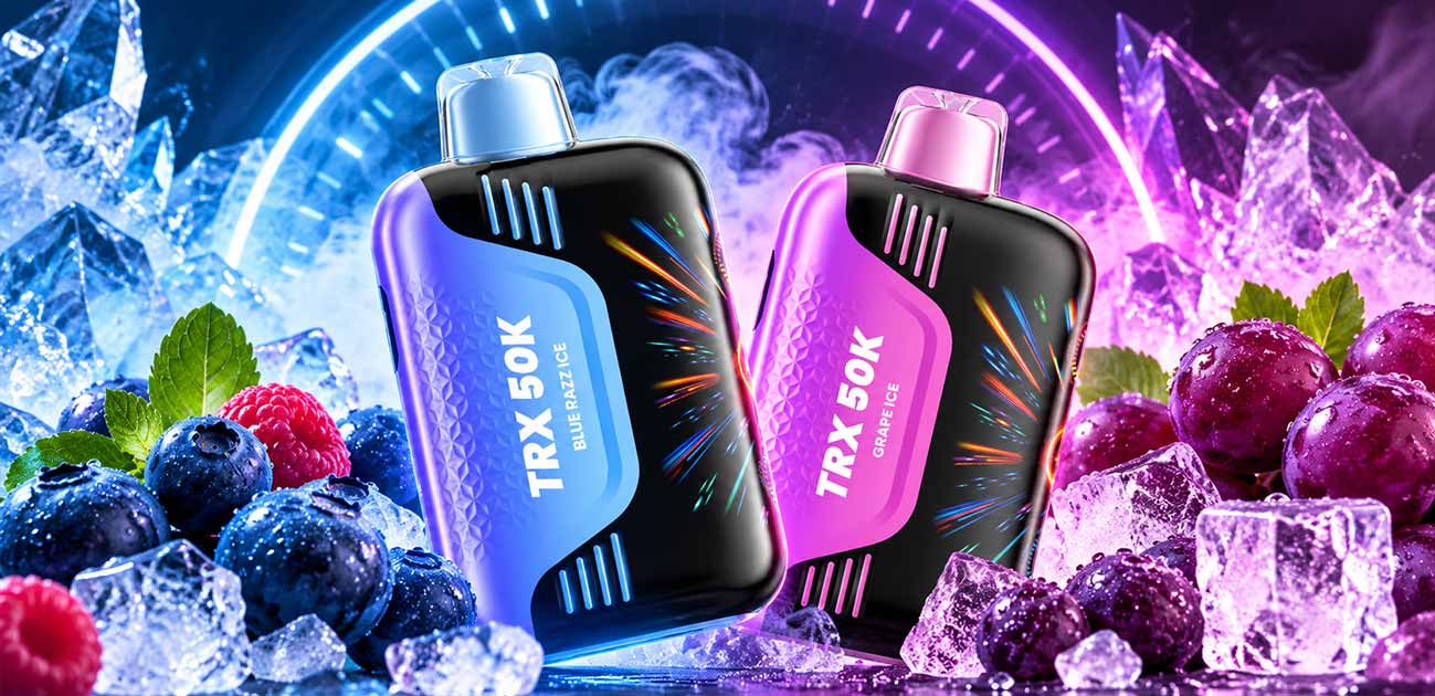 VIHO TRX 50K disposable vapes in Blue Razz Ice and Grape Ice flavors, featuring colorful designs with icy fruit backgrounds.