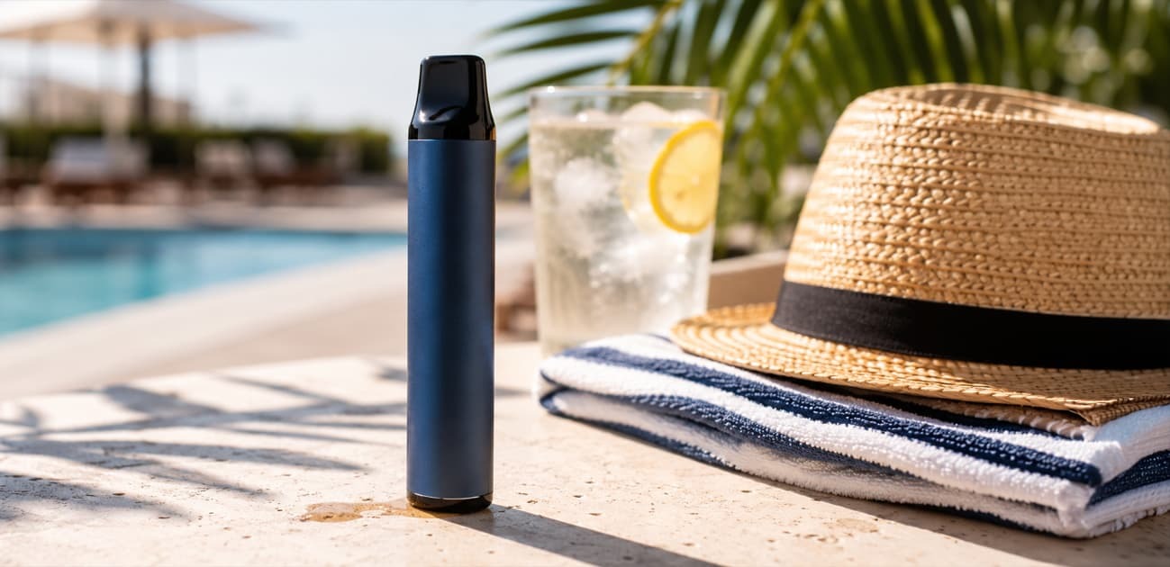 Disposable vape standing beside a swimming pool, illustrating why vapes leak in summer heat and how to prevent e-liquid leaks.