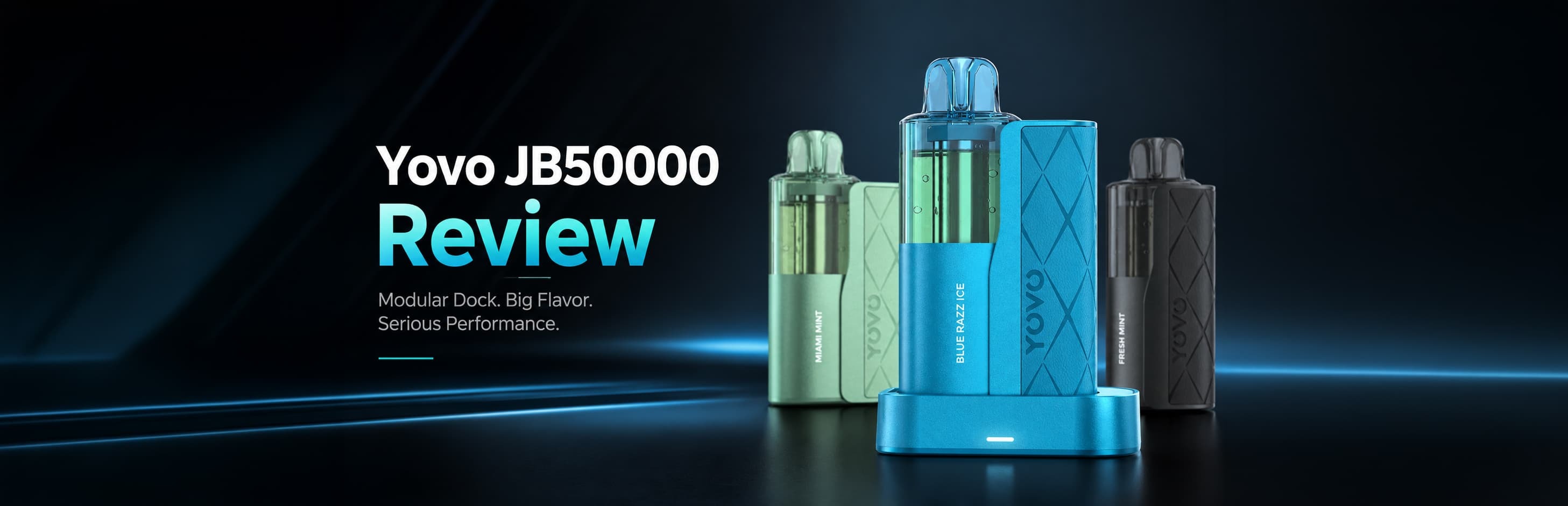 Yovo JB50000 disposable vape review featuring the modular dock system with reusable power bank, replaceable pod, adjustable airflow, and up to 50000 puffs.