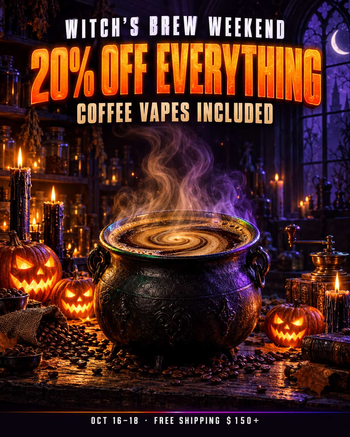 Witch's Brew Weekend at iVape: 20% off everything Oct 16 to 18, coffee vapes included, free shipping on $150+